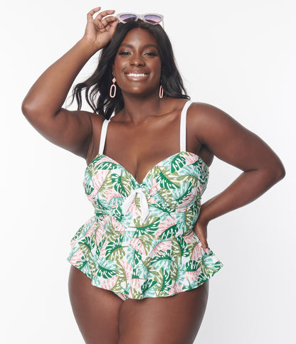 Unique Vintage Plus Size Green Monstera Print Daphne Swim Bottoms - Unique Vintage - Womens, SWIM, BOTTOM