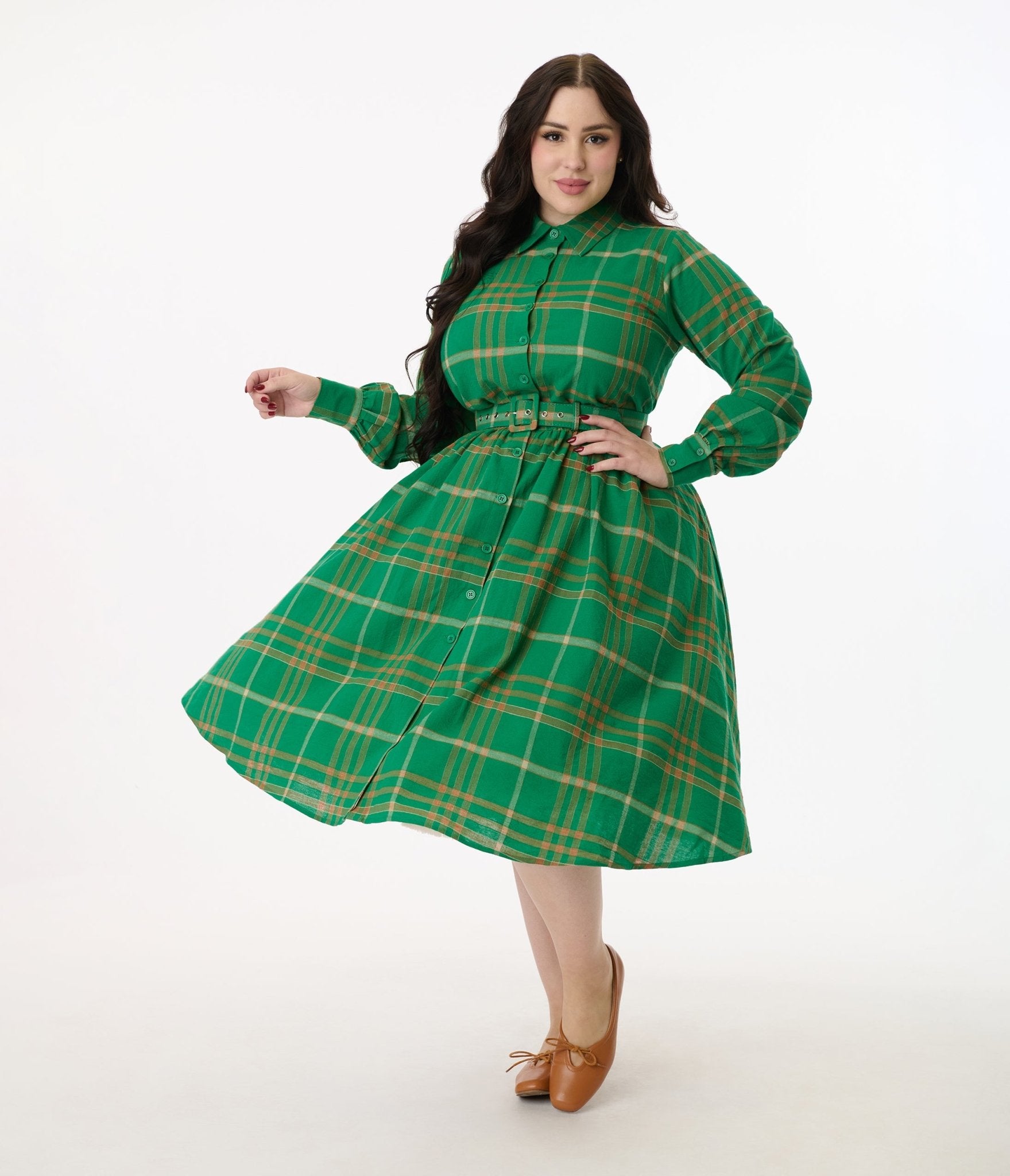 Unique Vintage Plus Size Green Plaid Belted Cotton Shirt Dress - Unique Vintage - Womens, DRESSES, SWING
