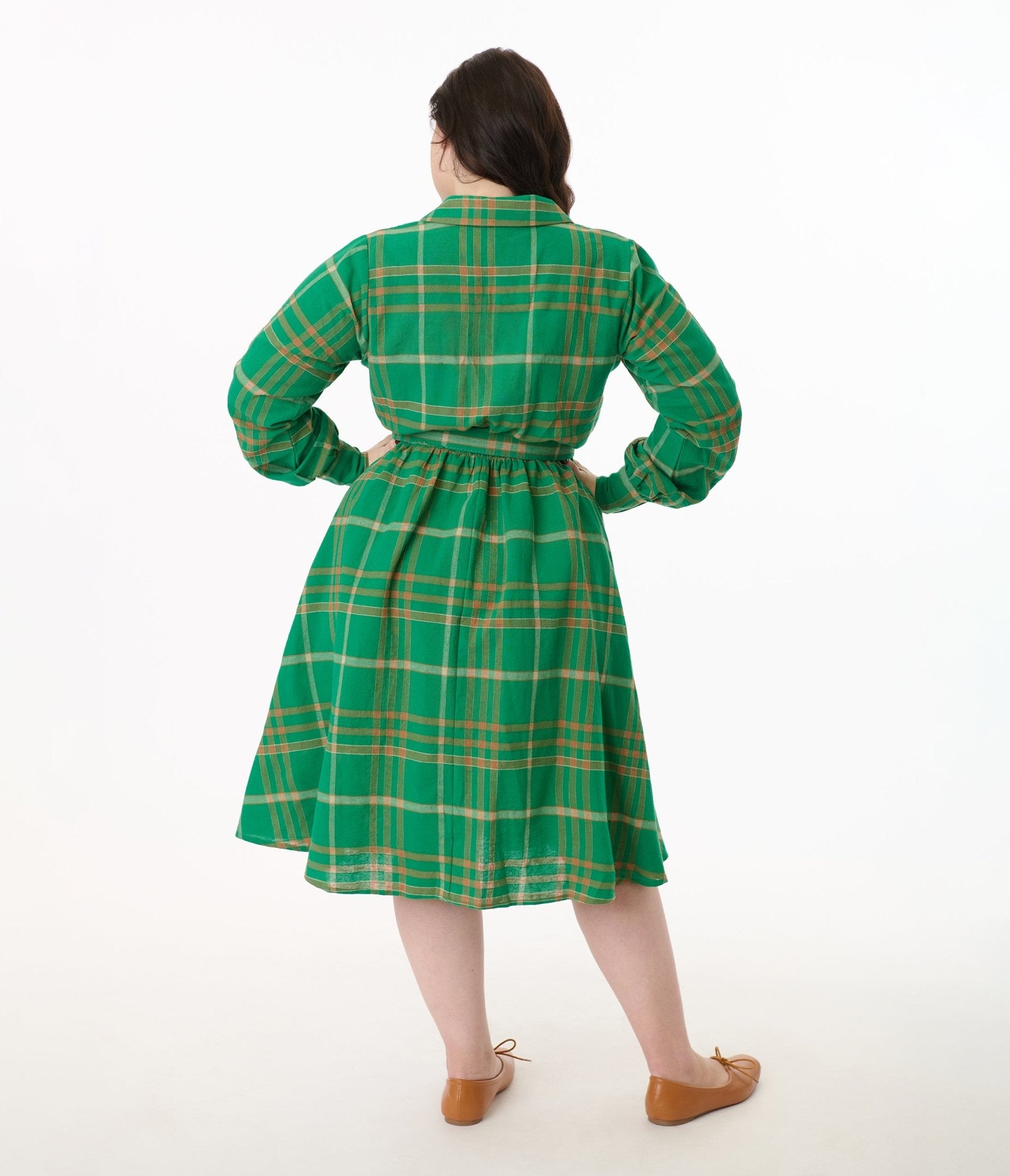 Unique Vintage Plus Size Green Plaid Belted Cotton Shirt Dress - Unique Vintage - Womens, DRESSES, SWING