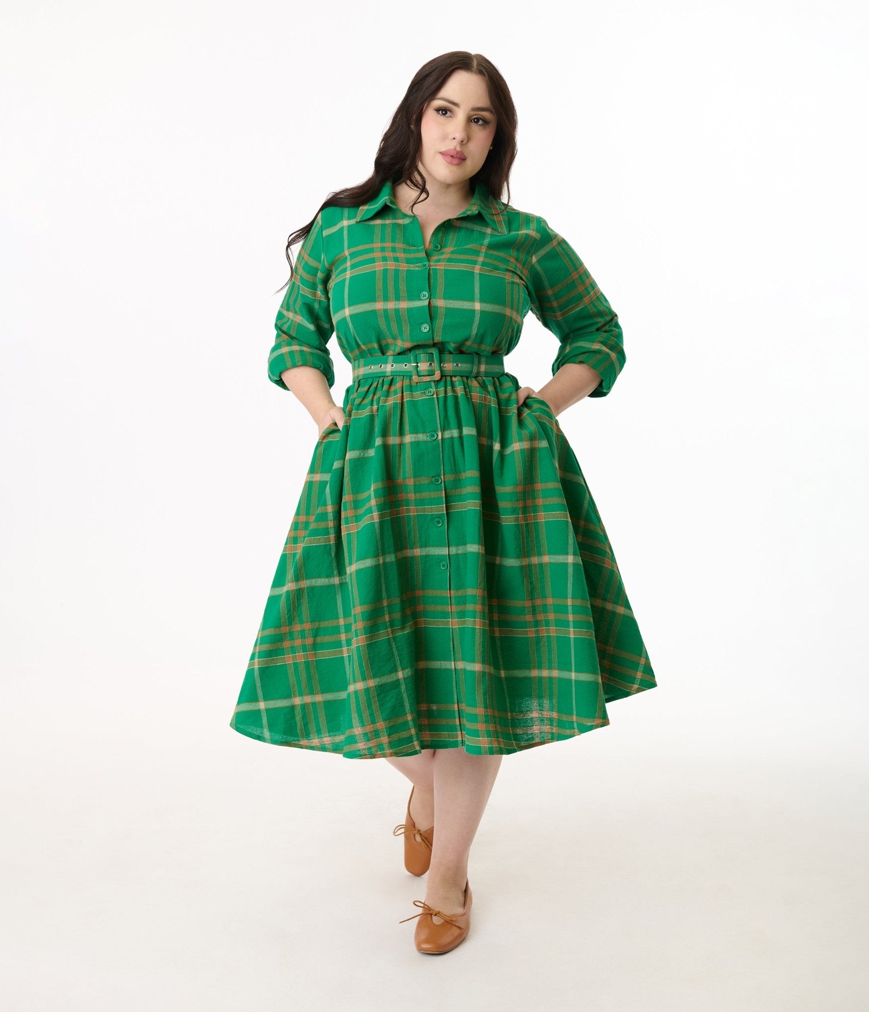 Unique Vintage Plus Size Green Plaid Belted Cotton Shirt Dress - Unique Vintage - Womens, DRESSES, SWING