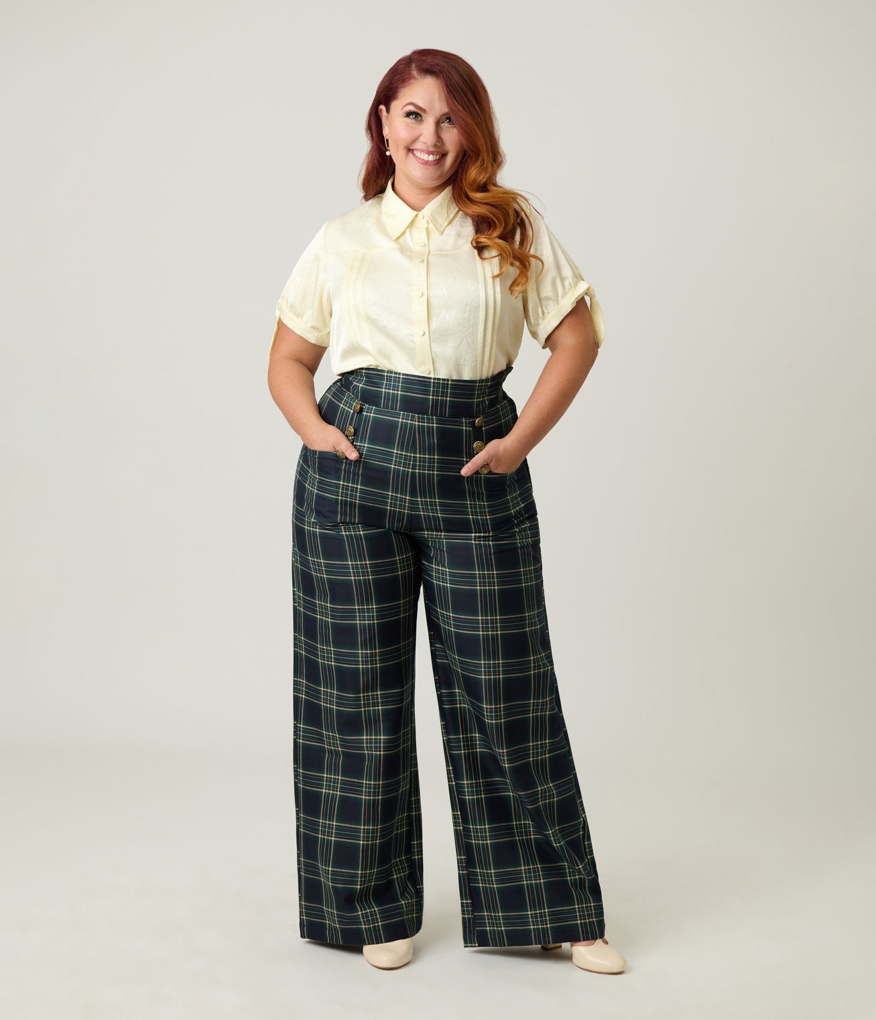 Unique Vintage Plus Size Green Plaid High Waist Sailor Ginger Pants