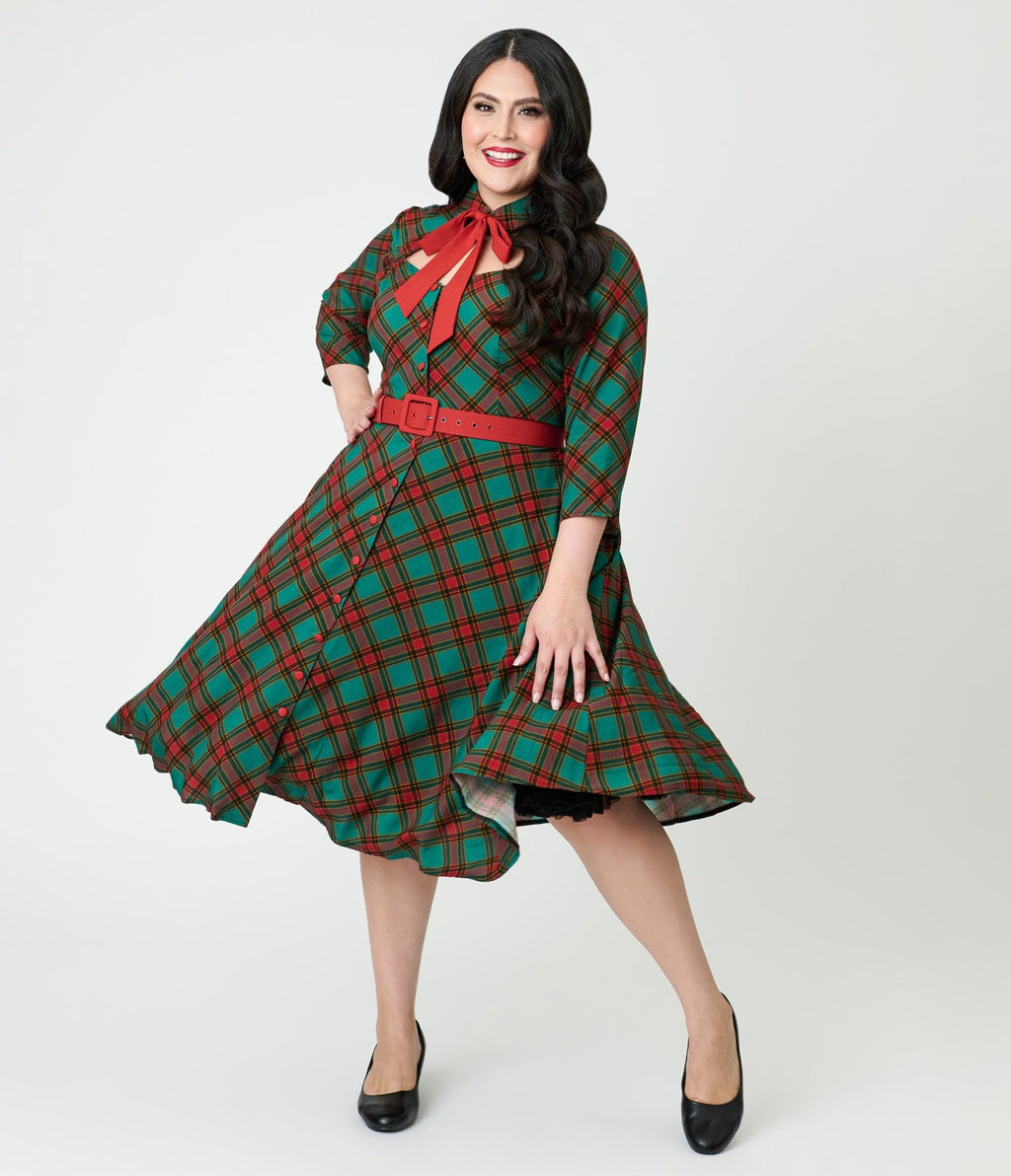 Unique Vintage Plus Size Green & Red Bias Plaid Swing Dress - Unique Vintage - Womens, DRESSES, SWING