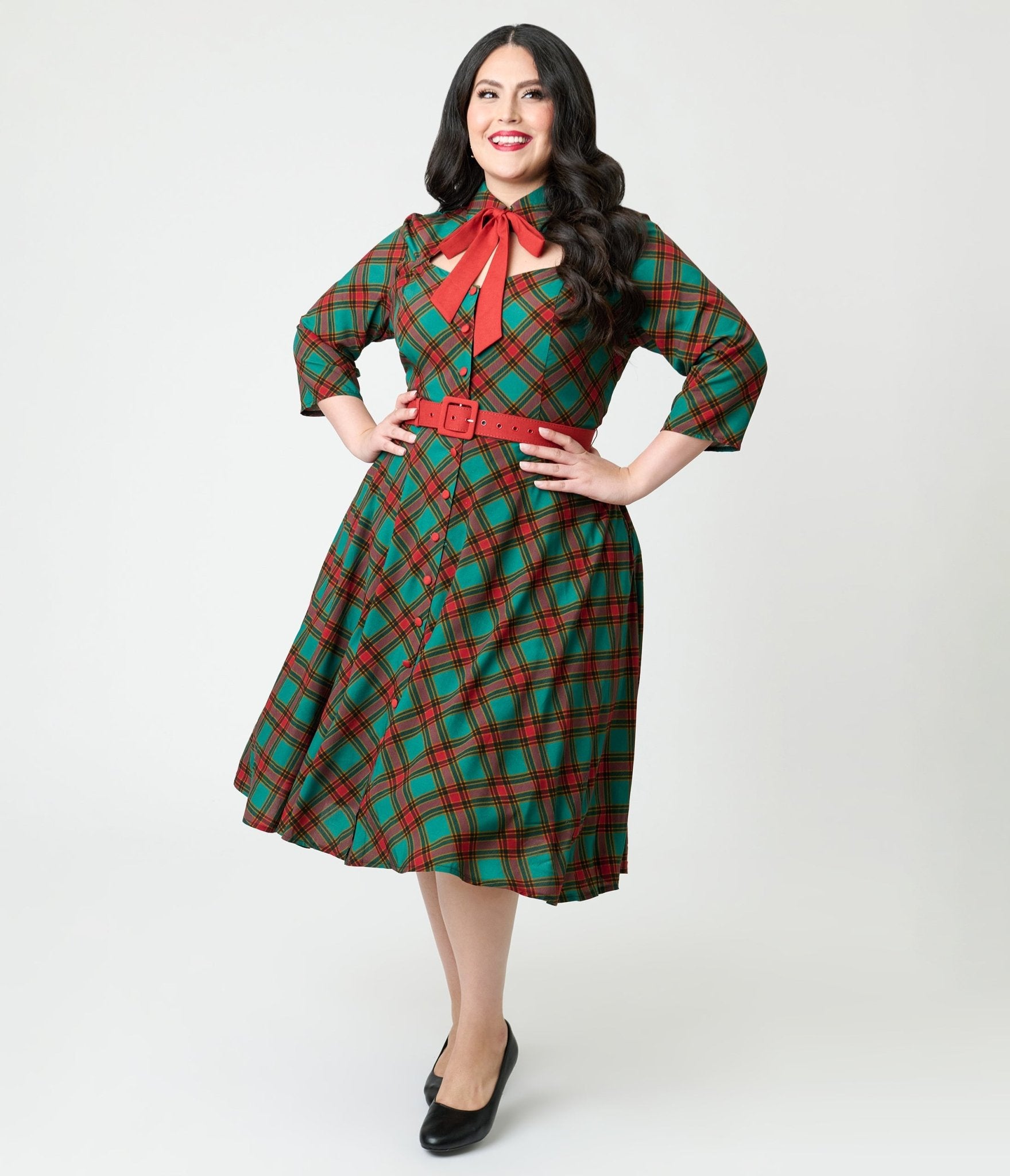 Unique Vintage Plus Size Green & Red Bias Plaid Swing Dress - Unique Vintage - Womens, DRESSES, SWING