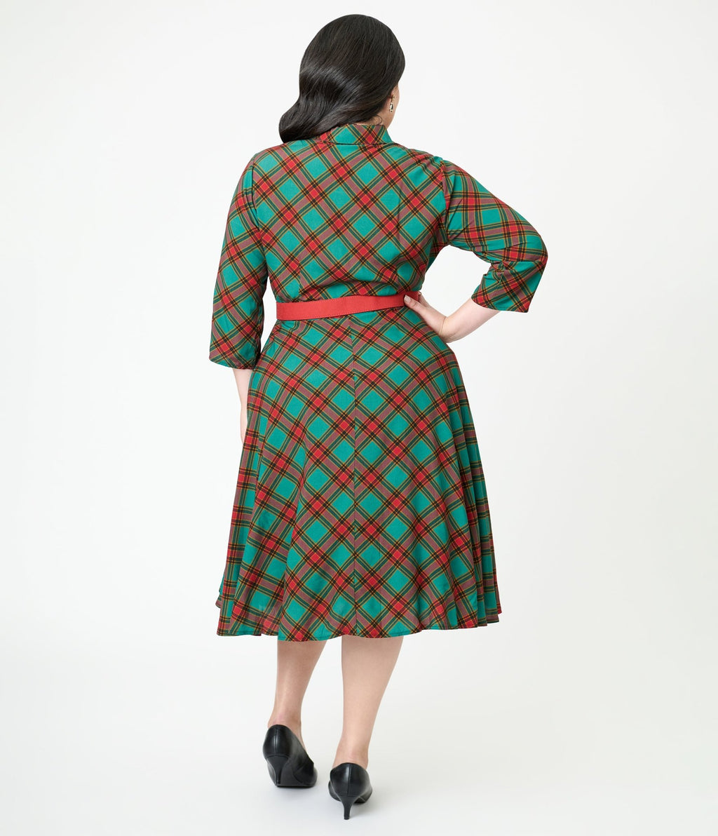 Unique Vintage Plus Size Green & Red Bias Plaid Swing Dress - Unique Vintage - Womens, DRESSES, SWING