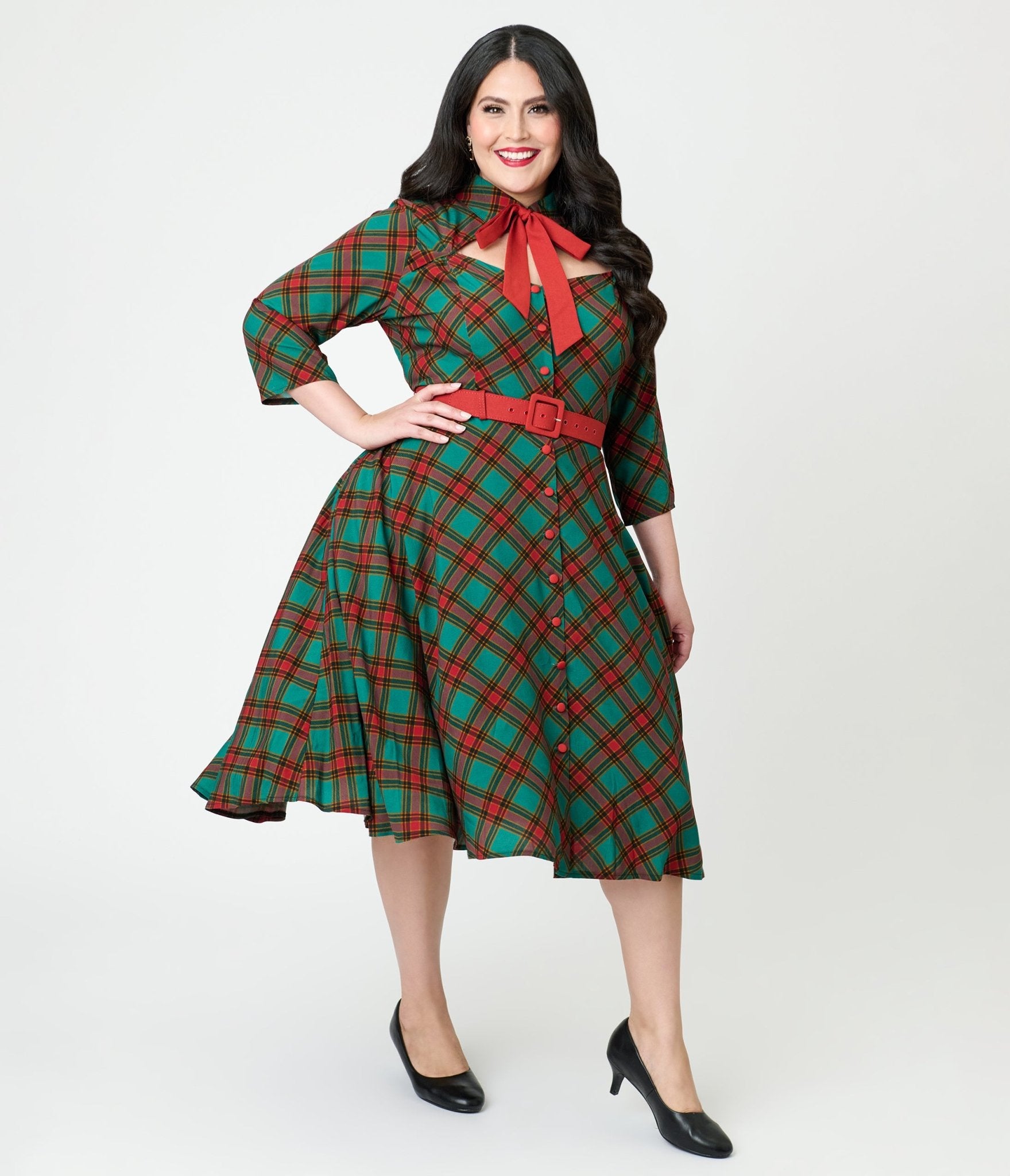 Unique Vintage Plus Size Green & Red Bias Plaid Swing Dress - Unique Vintage - Womens, DRESSES, SWING