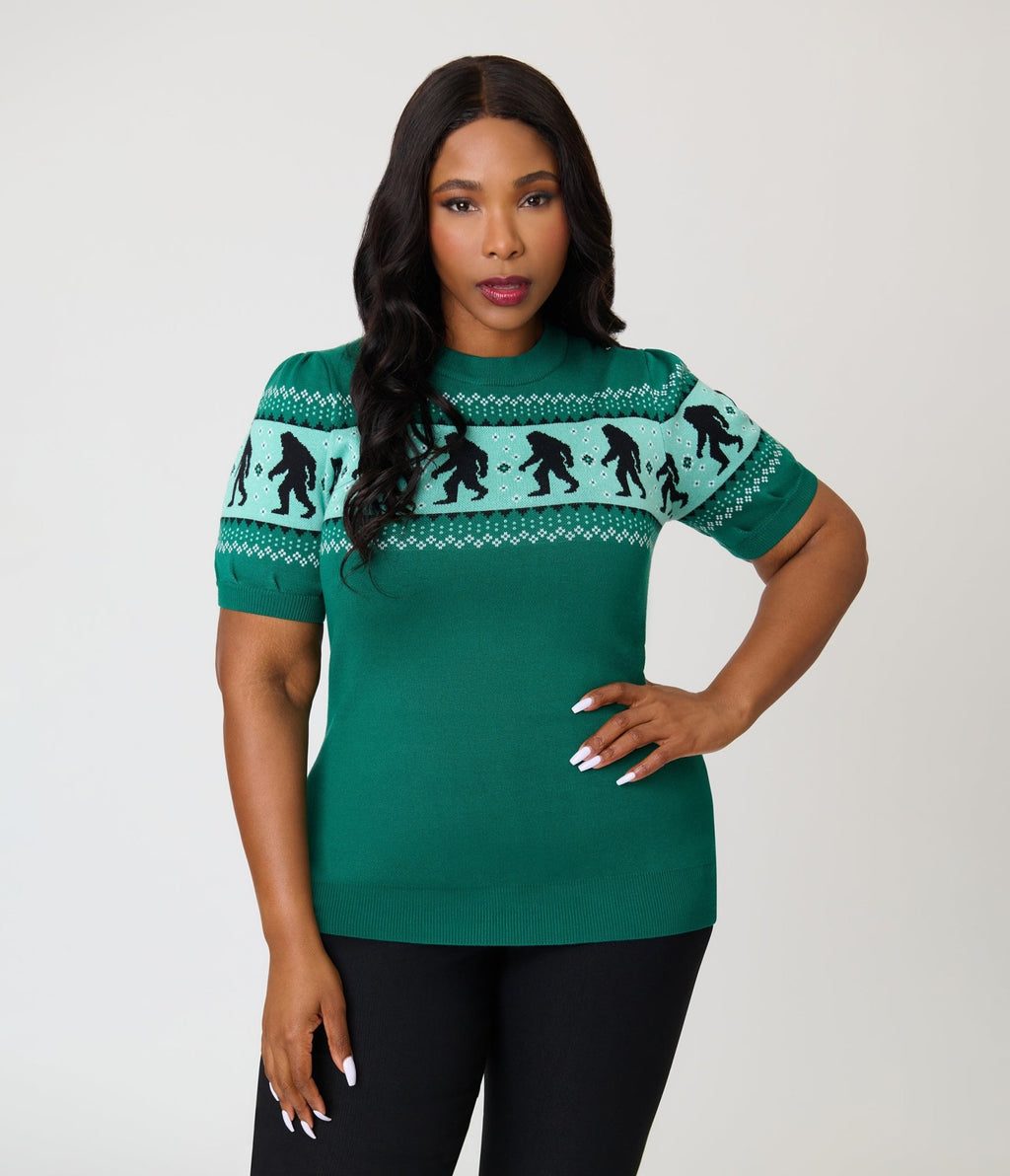 Unique Vintage Plus Size Green Sasquatch Fair Isle Paige Sweater - Unique Vintage - Womens, TOPS, SWEATERS