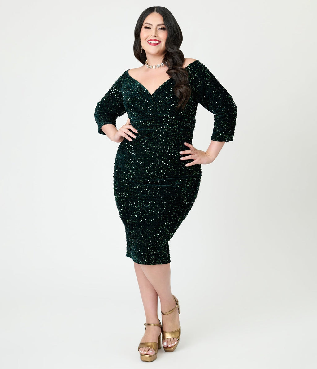 Unique Vintage Plus Size Green Sequin Shailene Pencil Dress - Unique Vintage - Womens, DRESSES, WIGGLE