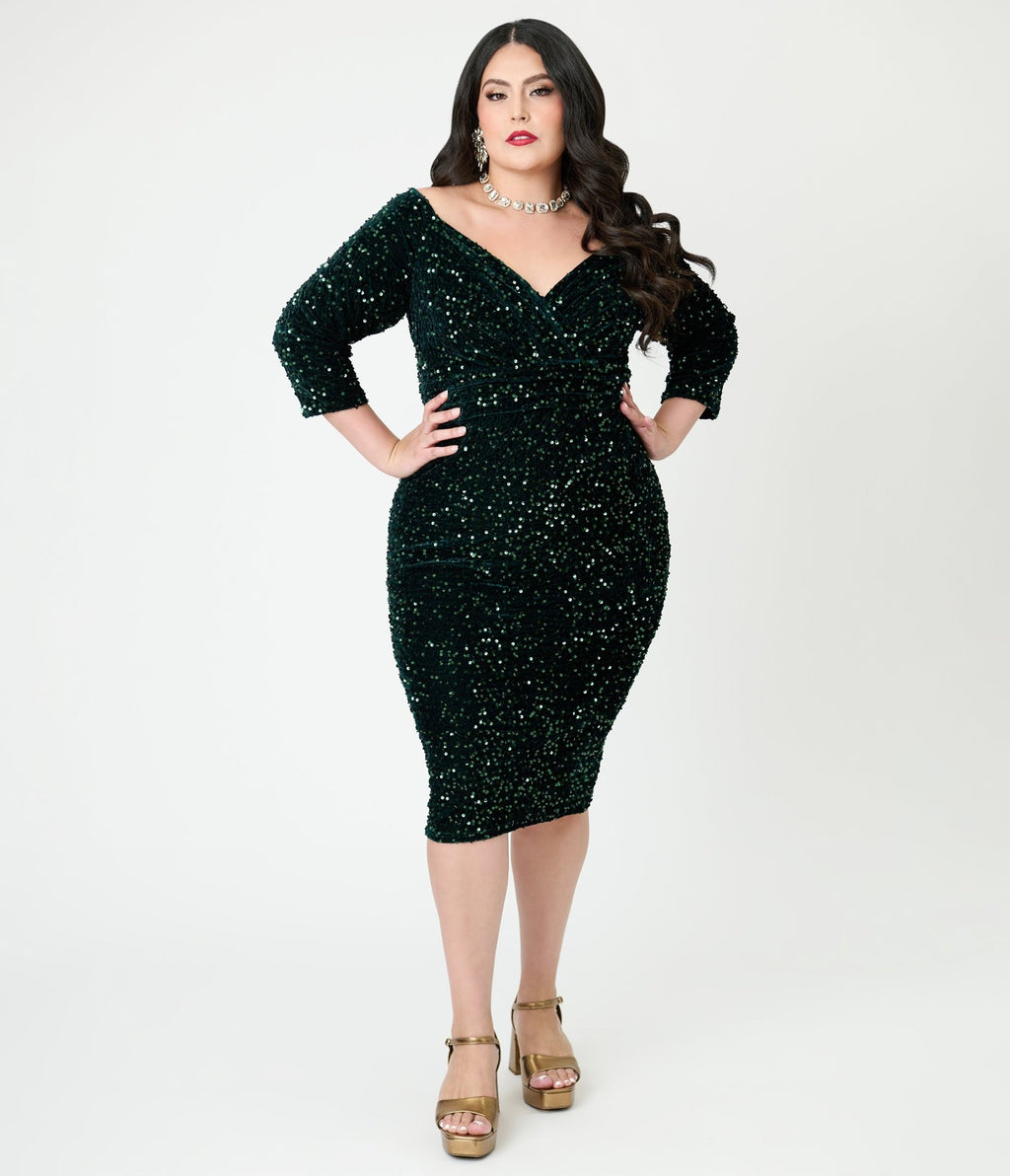 Unique Vintage Plus Size Green Sequin Shailene Pencil Dress Unique Vintage Plus Size Green Sequin Shailene Pencil Dress