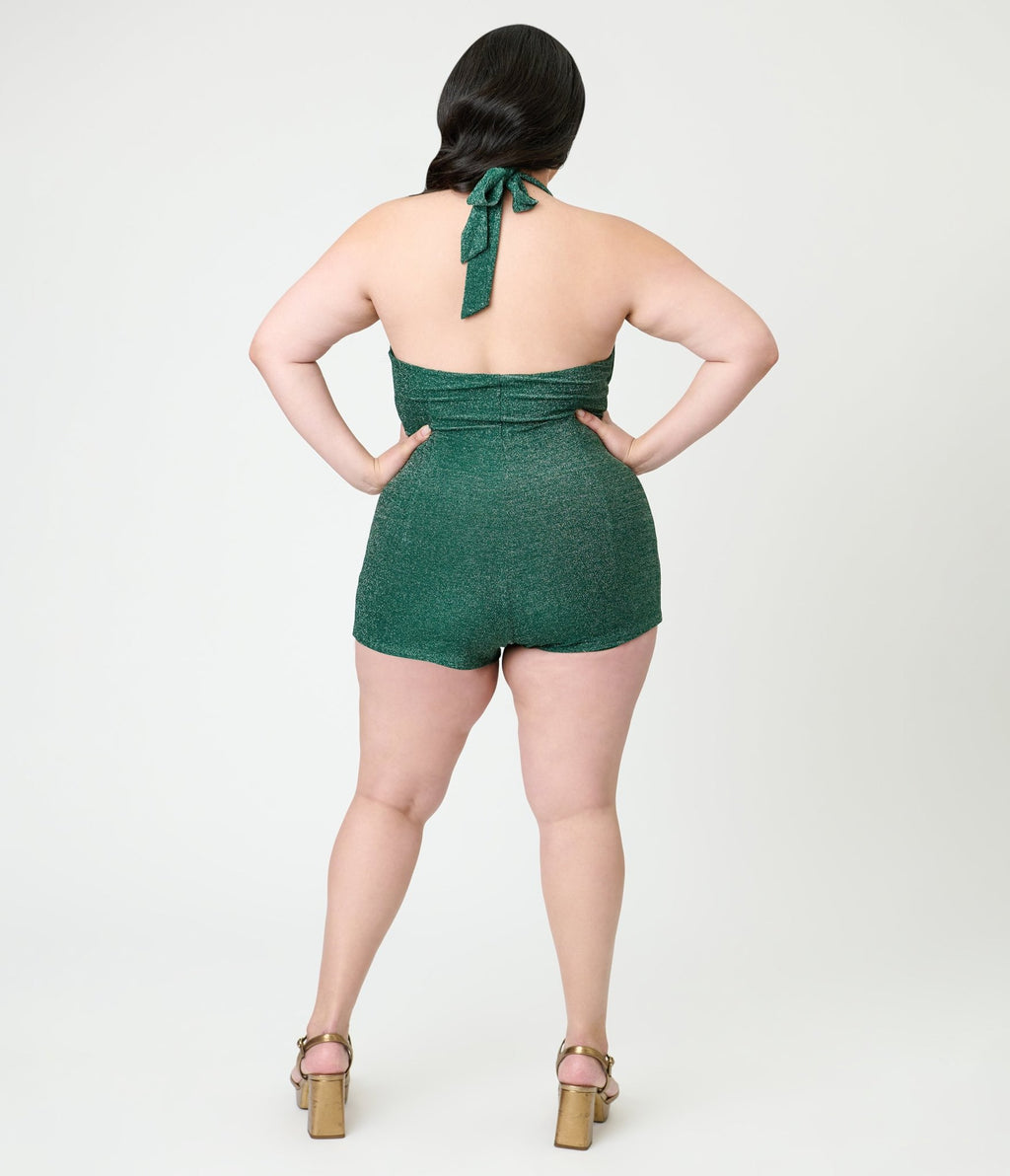 Unique Vintage Plus Size Green Shimmer Romper & Sarong Set - Unique Vintage - Womens, BOTTOMS, ROMPERS AND JUMPSUITS
