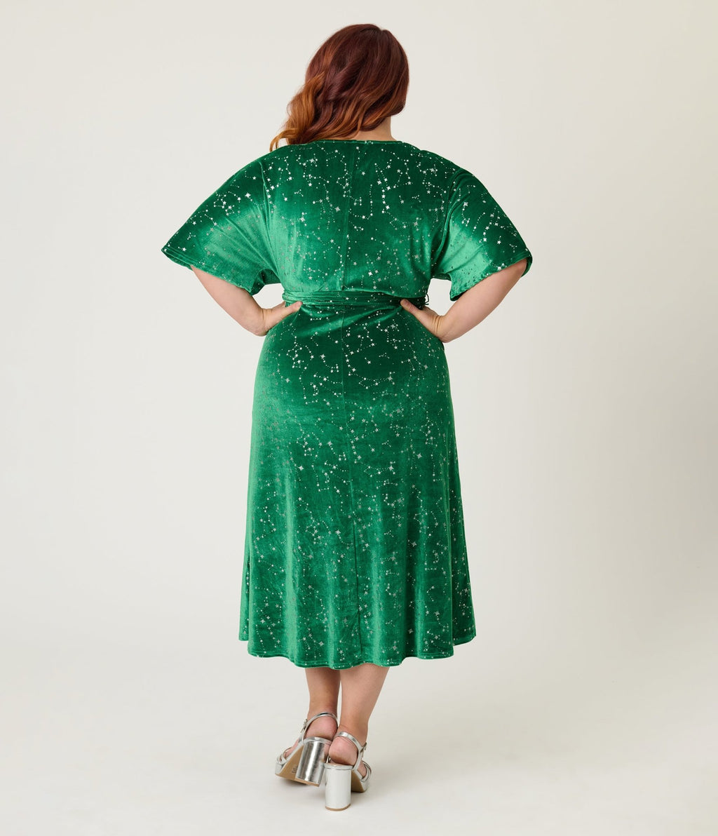 Unique Vintage Plus Size Green & Silver Stars Velvet Wrap Midi Dress - Unique Vintage - Womens, DRESSES, MIDI