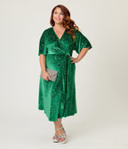 Unique Vintage Plus Size Green & Silver Stars Velvet Wrap Midi Dress - Unique Vintage - Womens, DRESSES, MIDI