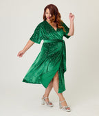 Unique Vintage Plus Size Green & Silver Stars Velvet Wrap Midi Dress - Unique Vintage - Womens, DRESSES, MIDI