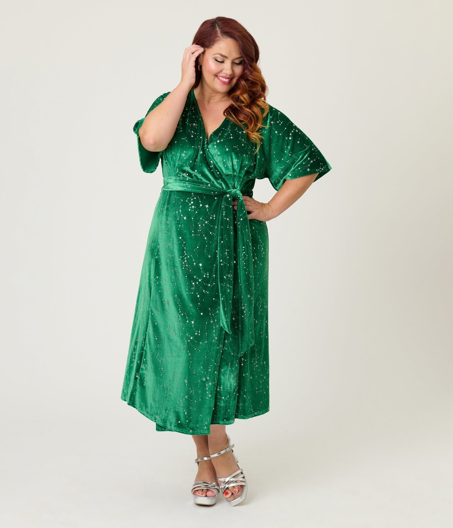 Unique Vintage Plus Size Green & Silver Stars Velvet Wrap Midi Dress - Unique Vintage - Womens, DRESSES, MIDI