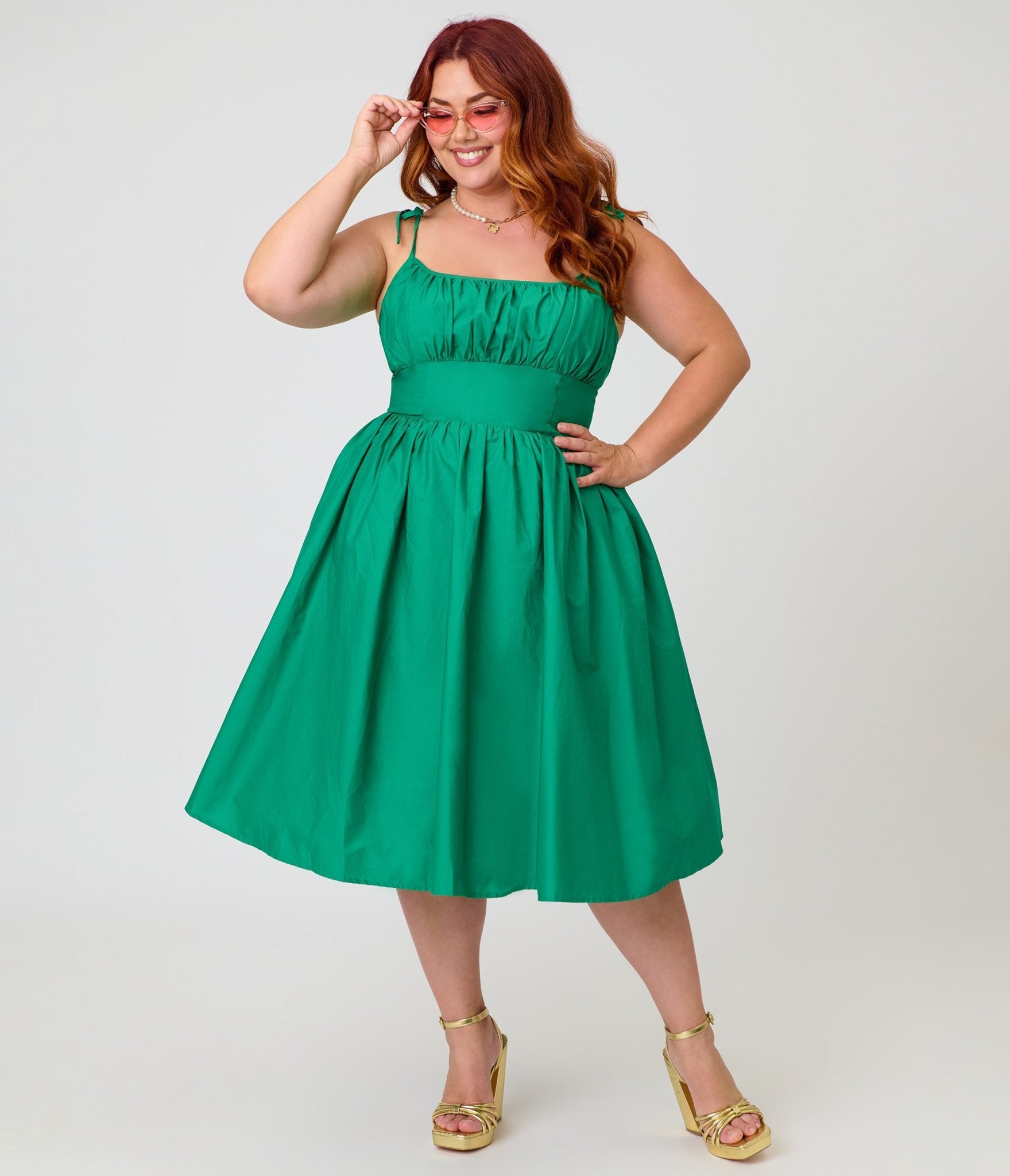 Unique Vintage Plus Size Green Sleeveless Cotton Swing Dress
