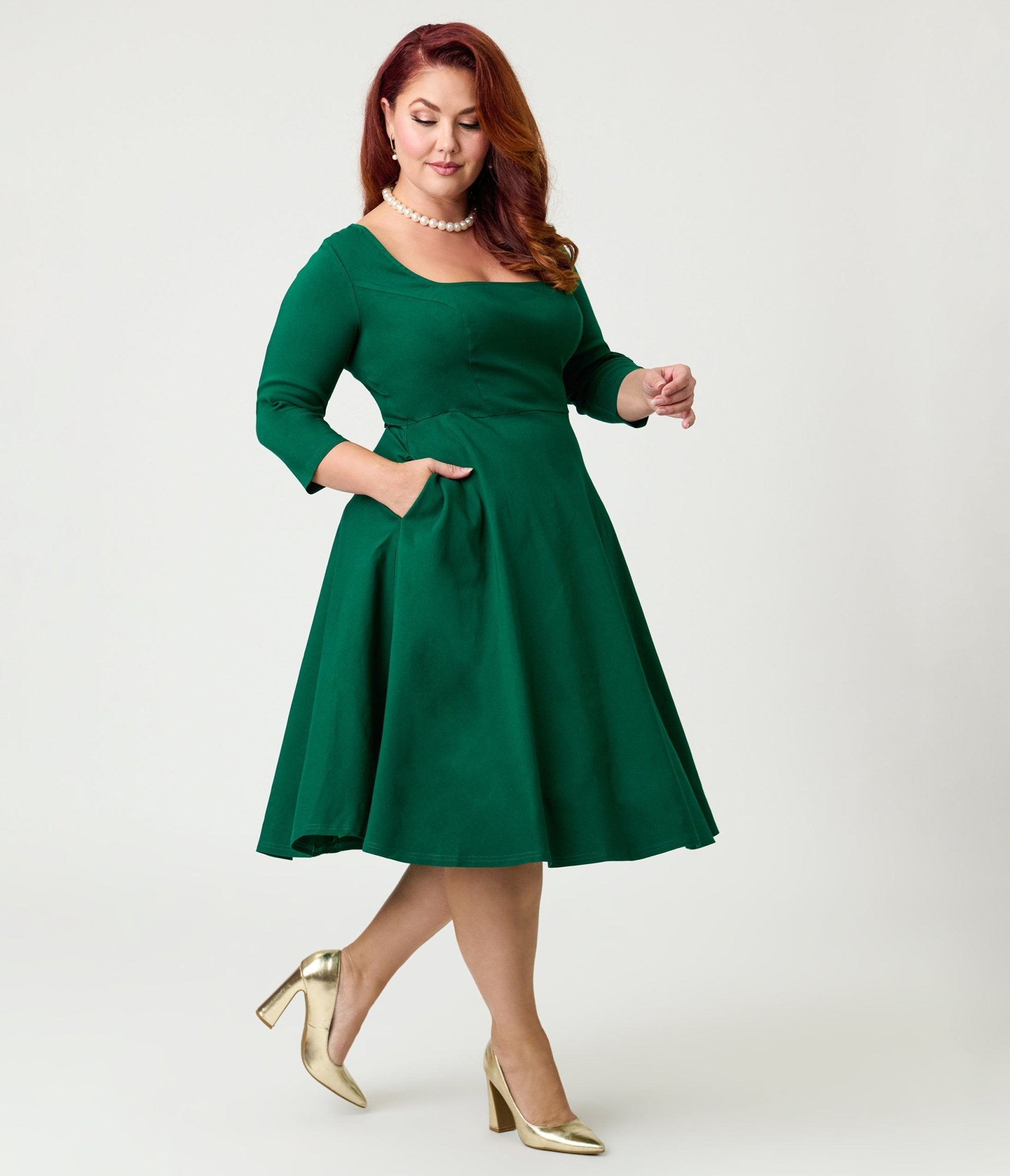 Unique Vintage Plus Size Green Square Neck Swing Dress - Unique Vintage - Womens, DRESSES, SWING