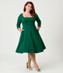 Unique Vintage Plus Size Green Square Neck Swing Dress