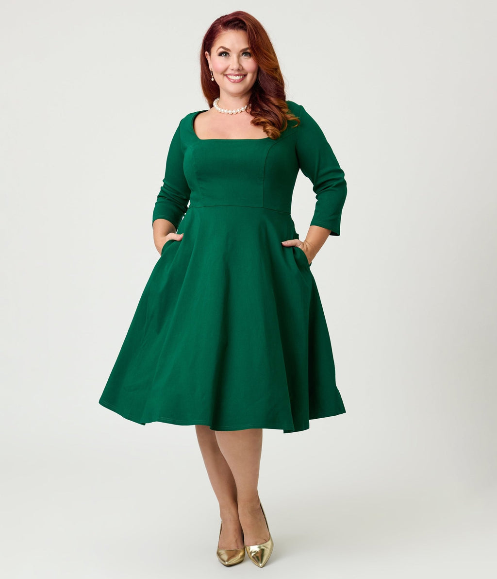 Unique Vintage Plus Size Green Square Neck Swing Dress - Unique Vintage - Womens, DRESSES, SWING