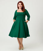 Unique Vintage Plus Size Green Square Neck Swing Dress - Unique Vintage - Womens, DRESSES, SWING