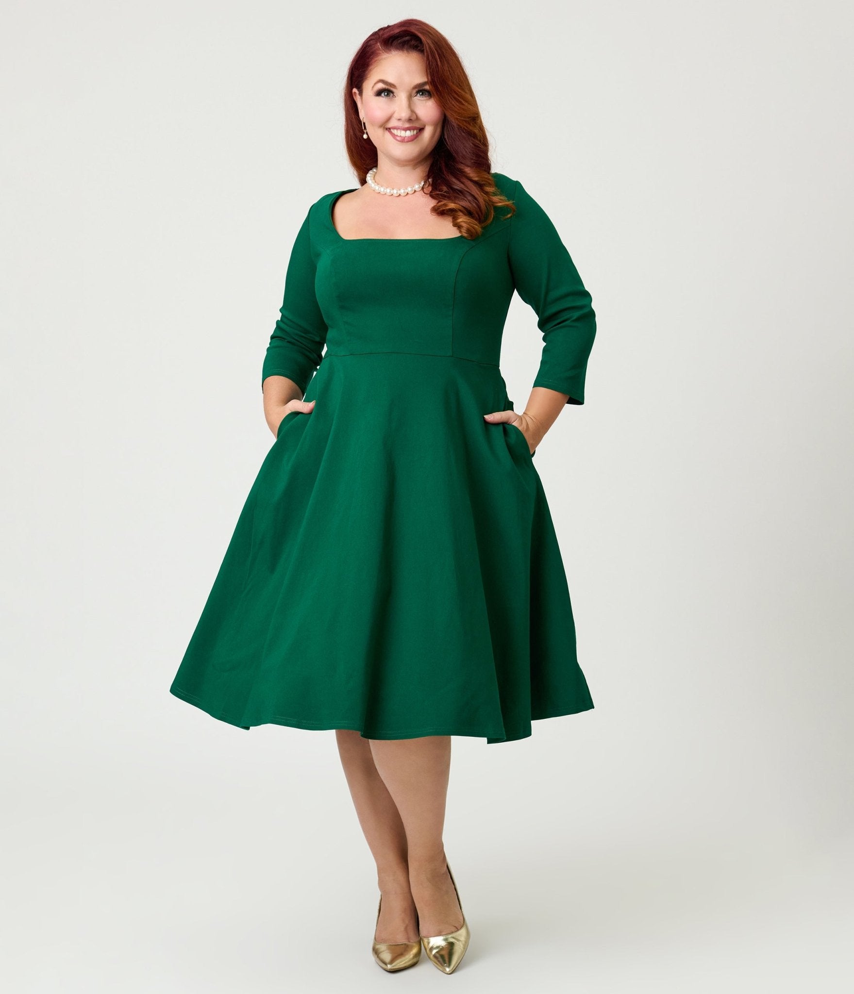 Unique Vintage Plus Size Green Square Neck Swing Dress - Unique Vintage - Womens, DRESSES, SWING
