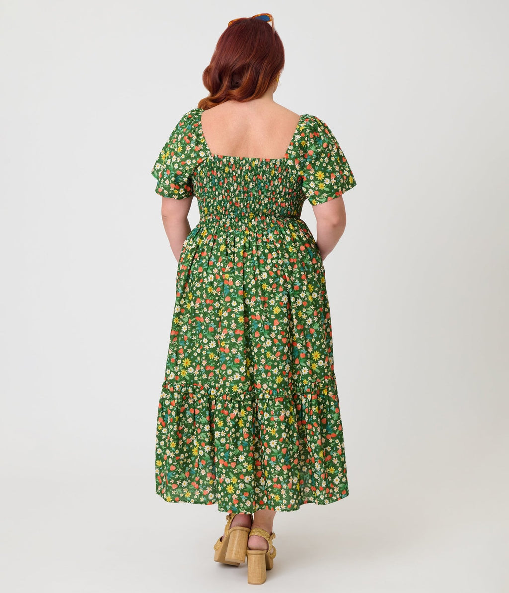 Unique Vintage Plus Size Green & Strawberry Print Smocked Bodice Midi Dress - Unique Vintage - Womens, DRESSES, MIDI