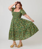 Unique Vintage Plus Size Green & Strawberry Print Smocked Bodice Midi Dress - Unique Vintage - Womens, DRESSES, MIDI