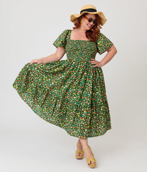 Unique Vintage Plus Size Green & Strawberry Print Smocked Bodice Midi Dress 2X/20W-22W
