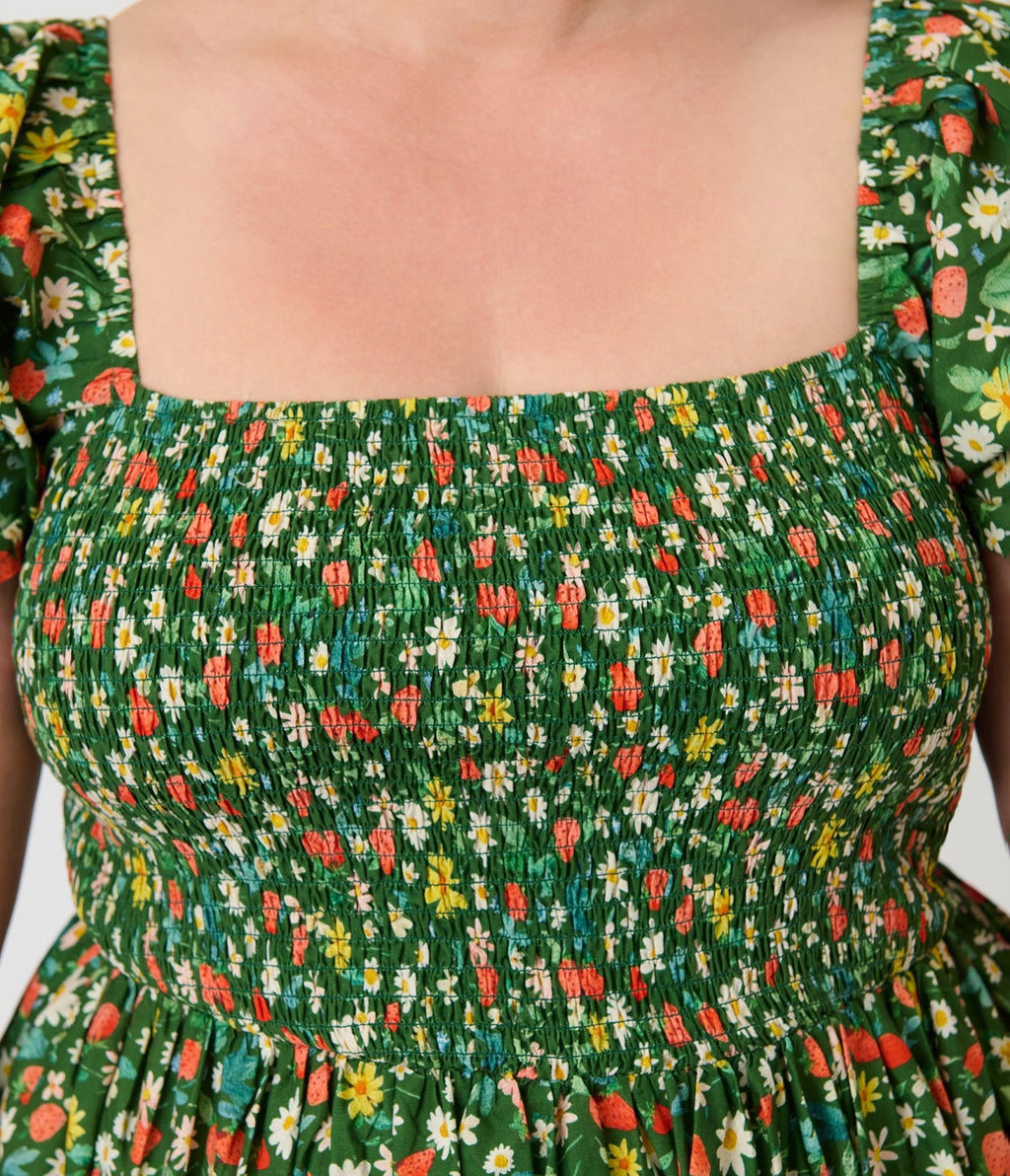 Unique Vintage Plus Size Green & Strawberry Print Smocked Bodice Midi Dress - Unique Vintage - Womens, DRESSES, MIDI