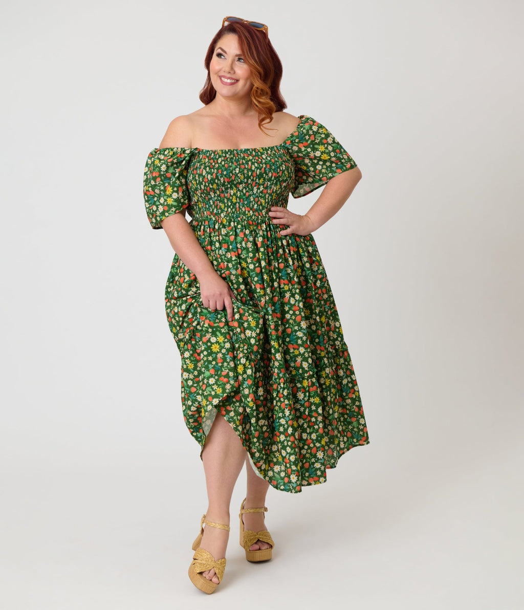 Unique Vintage Plus Size Green & Strawberry Print Smocked Bodice Midi Dress - Unique Vintage - Womens, DRESSES, MIDI