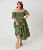 Unique Vintage Plus Size Green & Strawberry Print Smocked Bodice Midi Dress - Unique Vintage - Womens, DRESSES, MIDI
