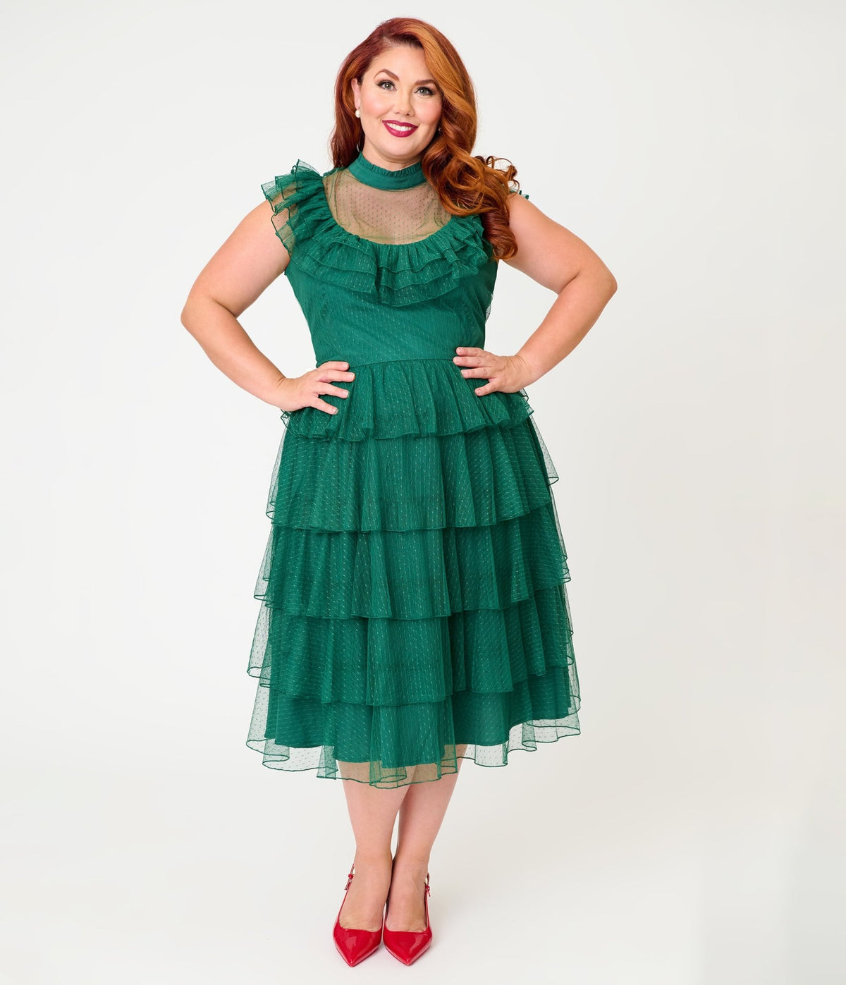 Unique Vintage Plus Size Green Swiss Dot Tiered Lydia Swing Dress - Unique Vintage - Swing Dress
