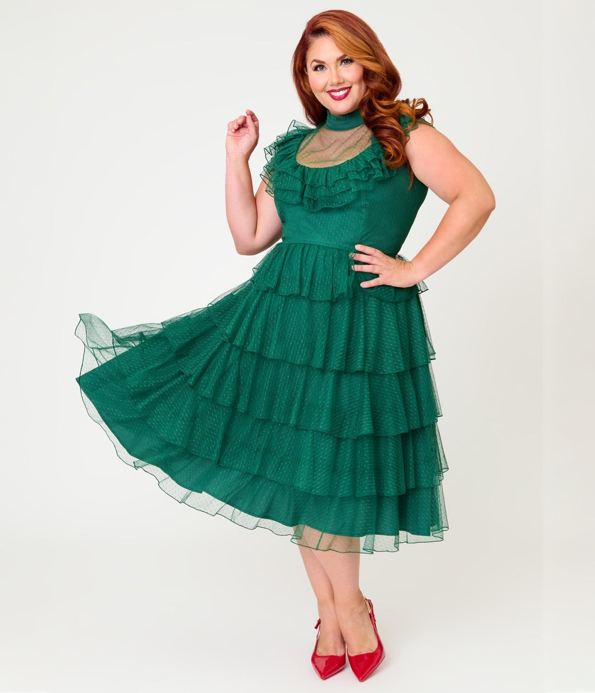 Unique Vintage Plus Size Green Swiss Dot Tiered Lydia Swing Dress - Unique Vintage - Swing Dress