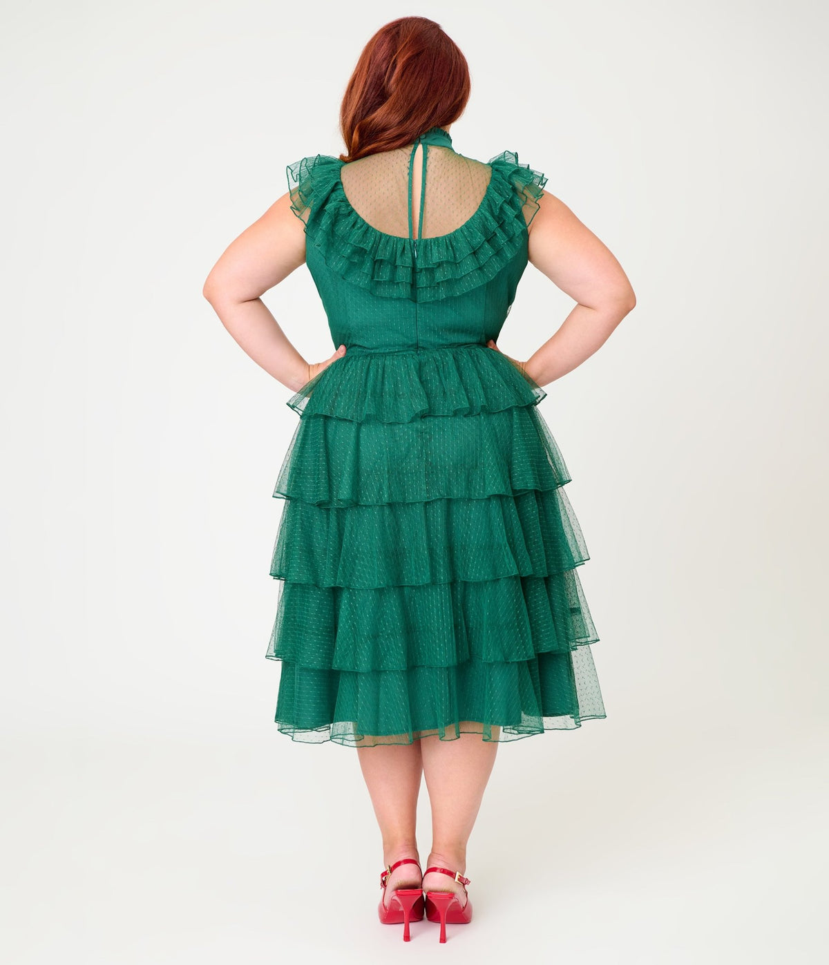 Unique Vintage Plus Size Green Swiss Dot Tiered Lydia Swing Dress - Unique Vintage - Swing Dress