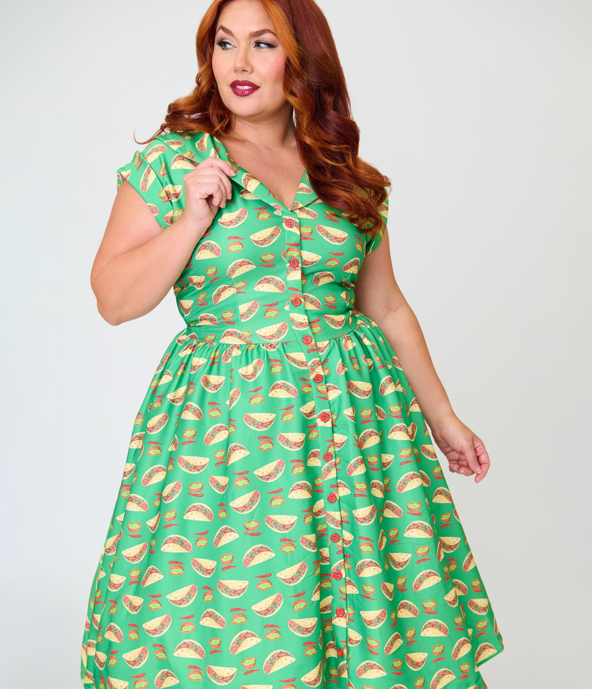 green pinup dress Unique Vintage Plus Size Taco Print Swing LONG DRESS-COAT WITH MINI Place your orders accordingly Choose Overlay Lace:Burgundy Lace #1 checkSizeFilter