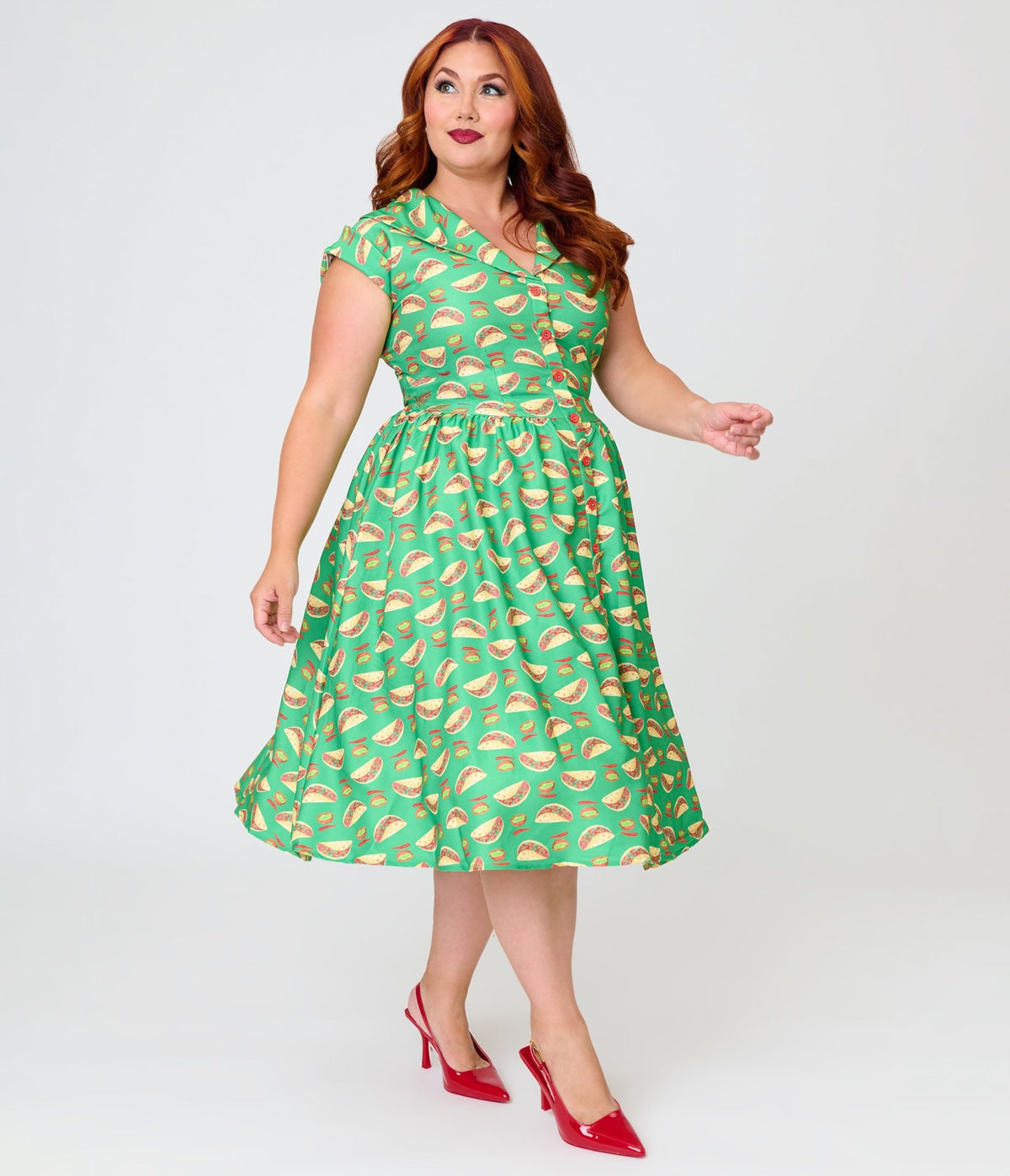 green plus size cocktail dress Unique Vintage Taco Print Swing Size:16.5 US (42 EU) Okendo_Alpha FB County Charlie Brown Evening gown it features a flattering