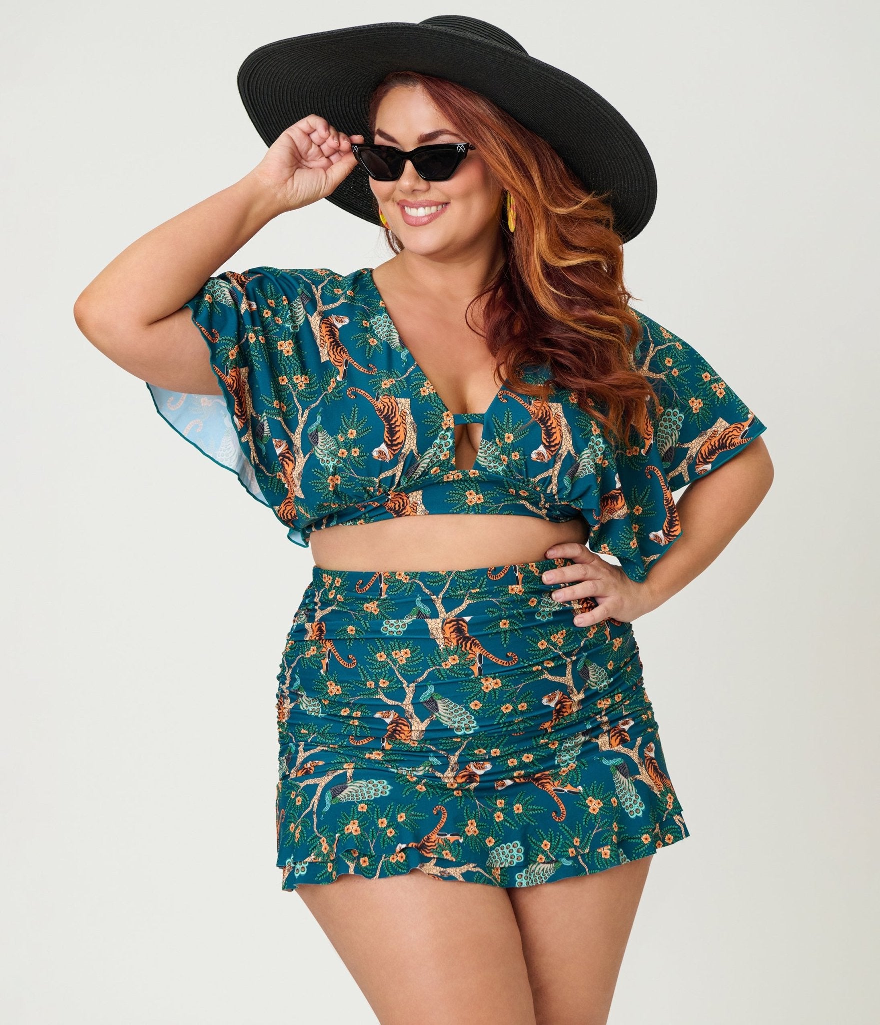 Unique Vintage Plus Size Green Tiger Print Flutter Sleeve Swim Top - Unique Vintage - Womens, SWIM, TOP