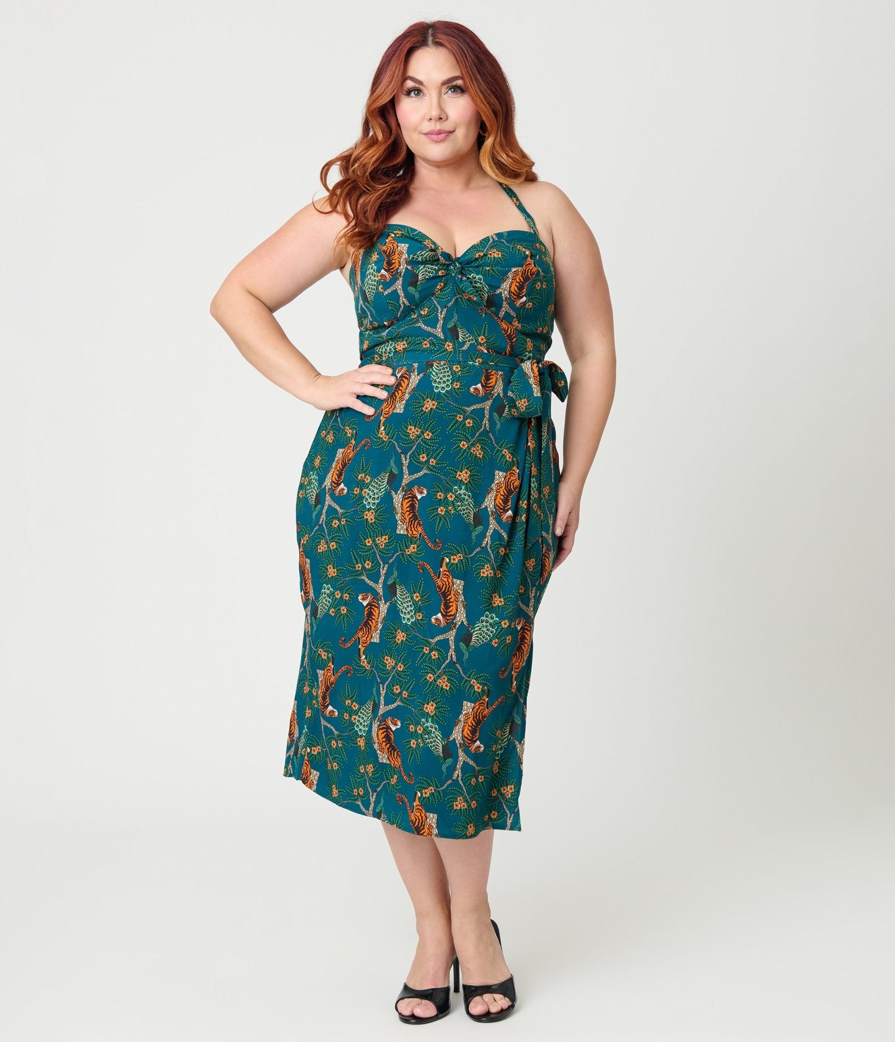Unique Vintage Plus Size Green & Tiger Print Leilani Sarong Dress - Unique Vintage - Womens, DRESSES, WIGGLE