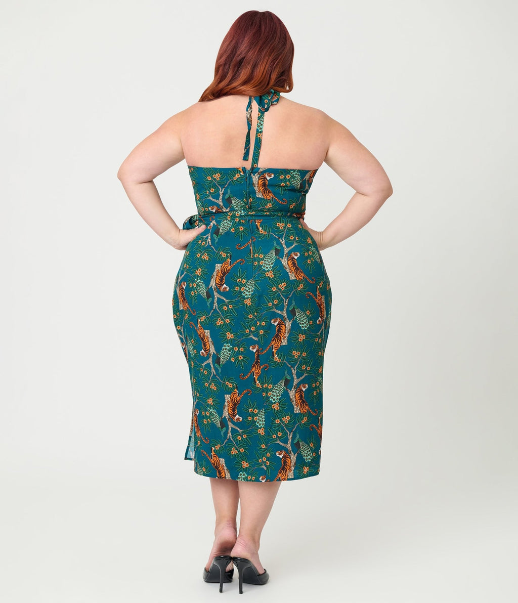 Unique Vintage Plus Size Green & Tiger Print Leilani Sarong Dress - Unique Vintage - Womens, DRESSES, WIGGLE