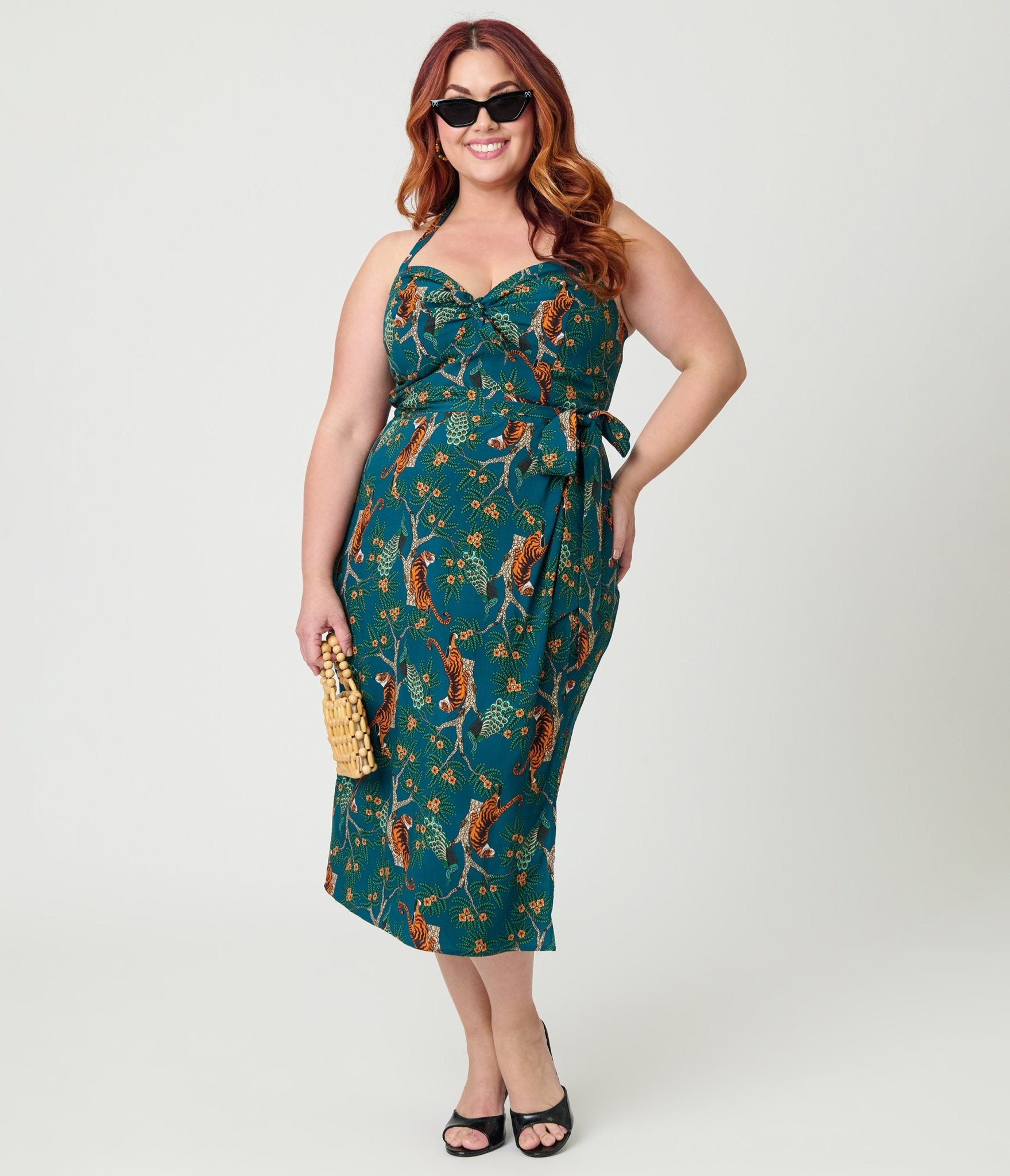 Unique Vintage Plus Size Green & Tiger Print Leilani Sarong Dress - Unique Vintage - Womens, DRESSES, WIGGLE