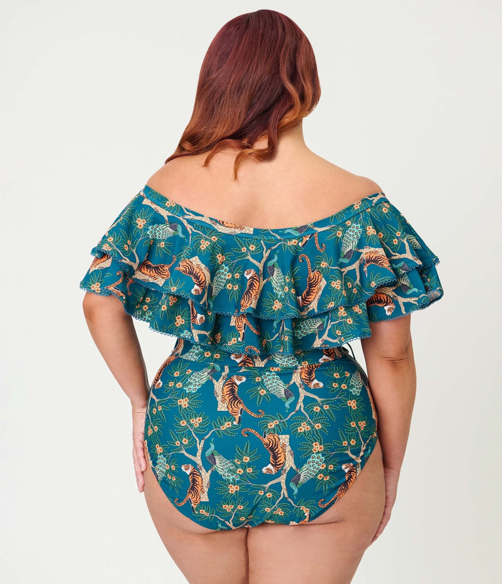 Unique Vintage Plus Size Green Tiger Print Off Shoulder Nantucket Swimsuit - Unique Vintage - Womens, SWIM, 1 PC