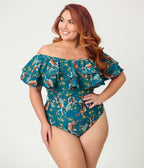 Unique Vintage Plus Size Green Tiger Print Off Shoulder Nantucket Swimsuit - Unique Vintage - Womens, SWIM, 1 PC