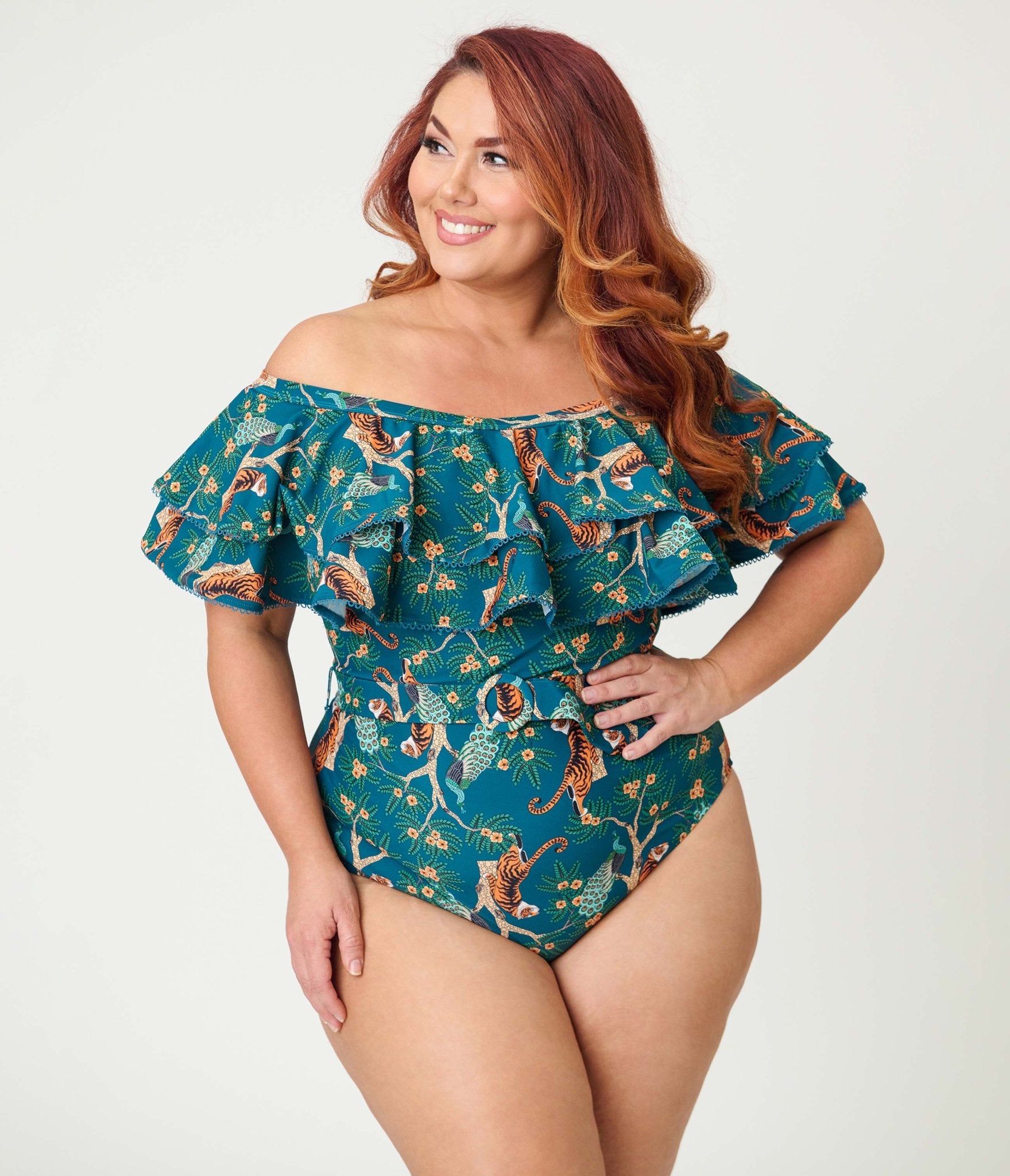 Unique Vintage Plus Size Green Tiger Print Off Shoulder Nantucket Swimsuit - Unique Vintage - Womens, SWIM, 1 PC