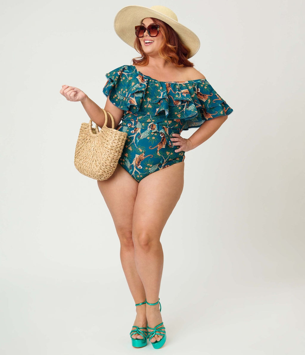 Unique Vintage Plus Size Green Tiger Print Off Shoulder Nantucket Swimsuit - Unique Vintage - Womens, SWIM, 1 PC