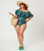 Unique Vintage Plus Size Green Tiger Print Off Shoulder Nantucket Swimsuit - Unique Vintage - Womens, SWIM, 1 PC