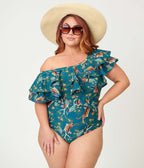 Unique Vintage Plus Size Green Tiger Print Off Shoulder Nantucket Swimsuit - Unique Vintage - Womens, SWIM, 1 PC