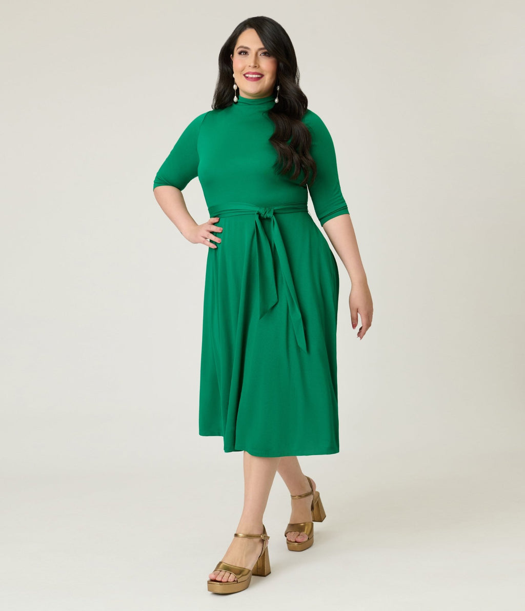 Unique Vintage Plus Size Green Turtleneck Midi Dress
