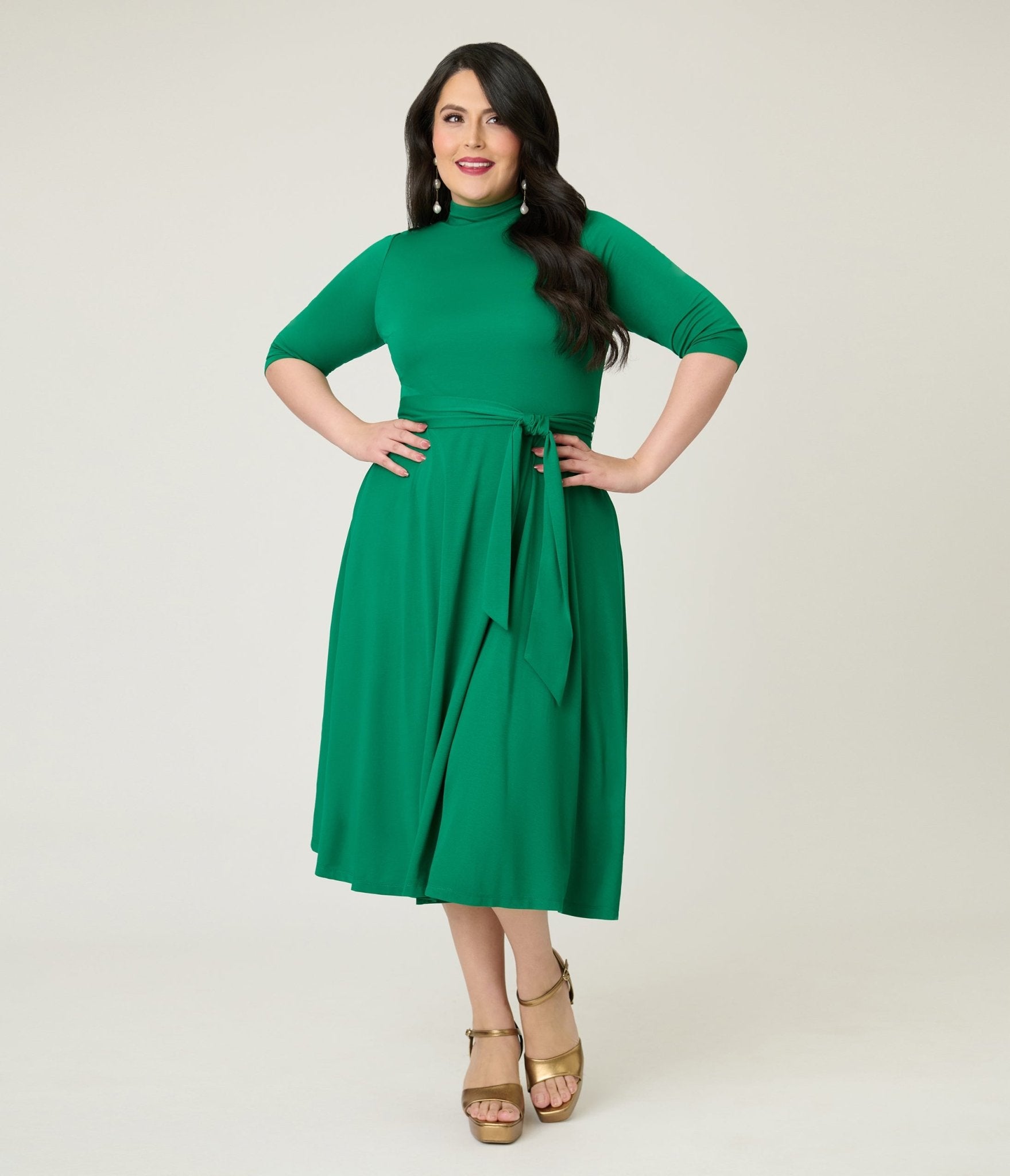 Unique Vintage Plus Size Green Turtleneck Midi Dress - Unique Vintage - Womens, DRESSES, FIT AND FLARE