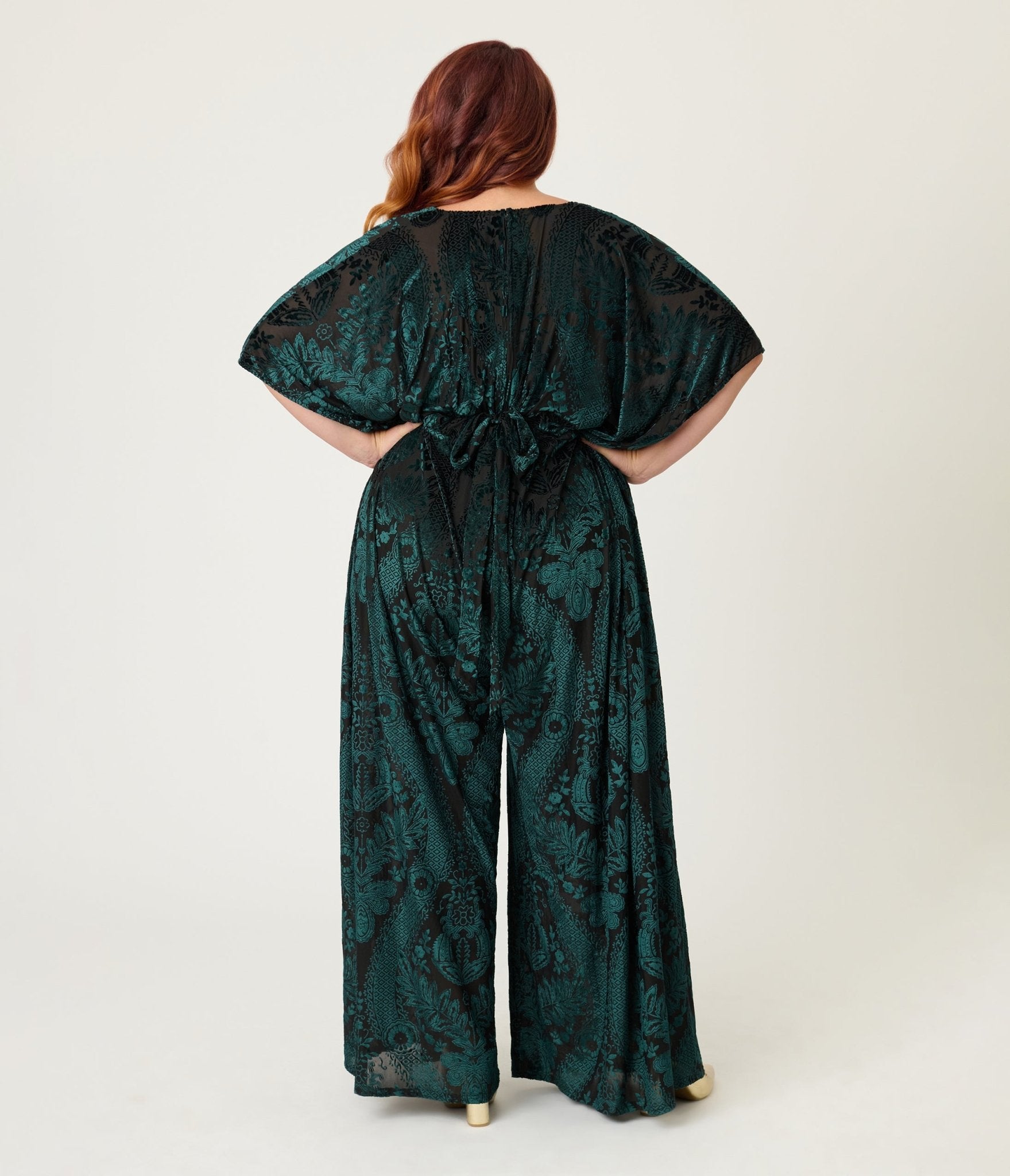 Unique Vintage Plus Size Green Velvet Floral Burnout Caftan Jumpsuit - Unique Vintage - Womens, BOTTOMS, ROMPERS AND JUMPSUITS