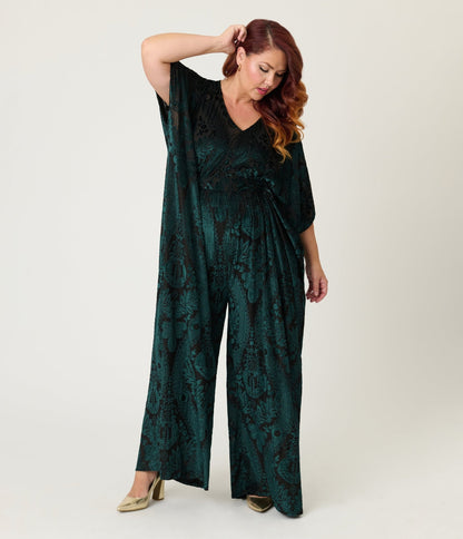 Unique Vintage Plus Size Green Velvet Floral Burnout Caftan Jumpsuit - Unique Vintage - Womens, BOTTOMS, ROMPERS AND JUMPSUITS