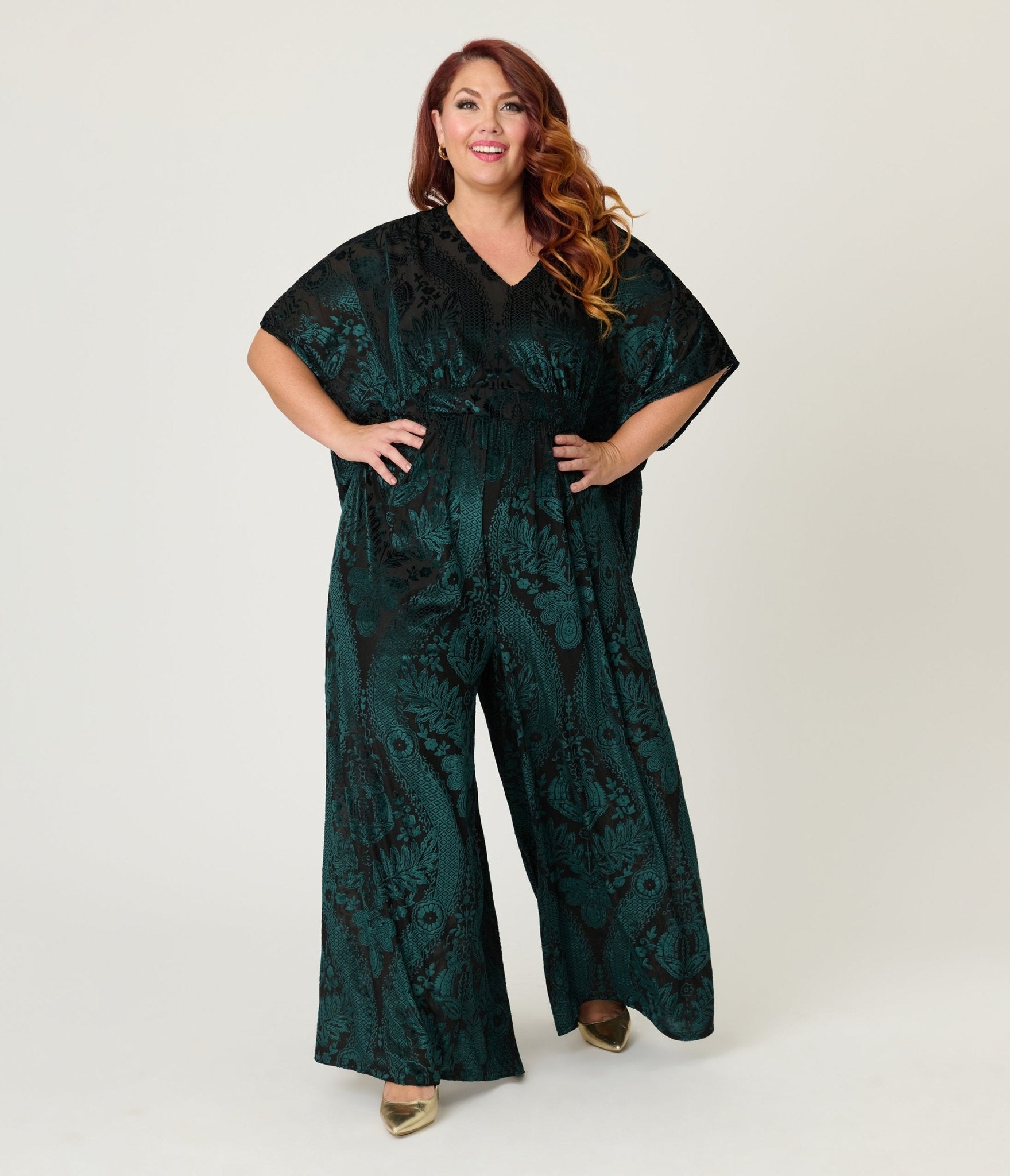 Unique Vintage Plus Size Green Velvet Floral Burnout Caftan Jumpsuit - Unique Vintage - Womens, BOTTOMS, ROMPERS AND JUMPSUITS