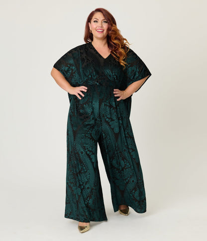 Unique Vintage Plus Size Green Velvet Floral Burnout Caftan Jumpsuit - Unique Vintage - Womens, BOTTOMS, ROMPERS AND JUMPSUITS